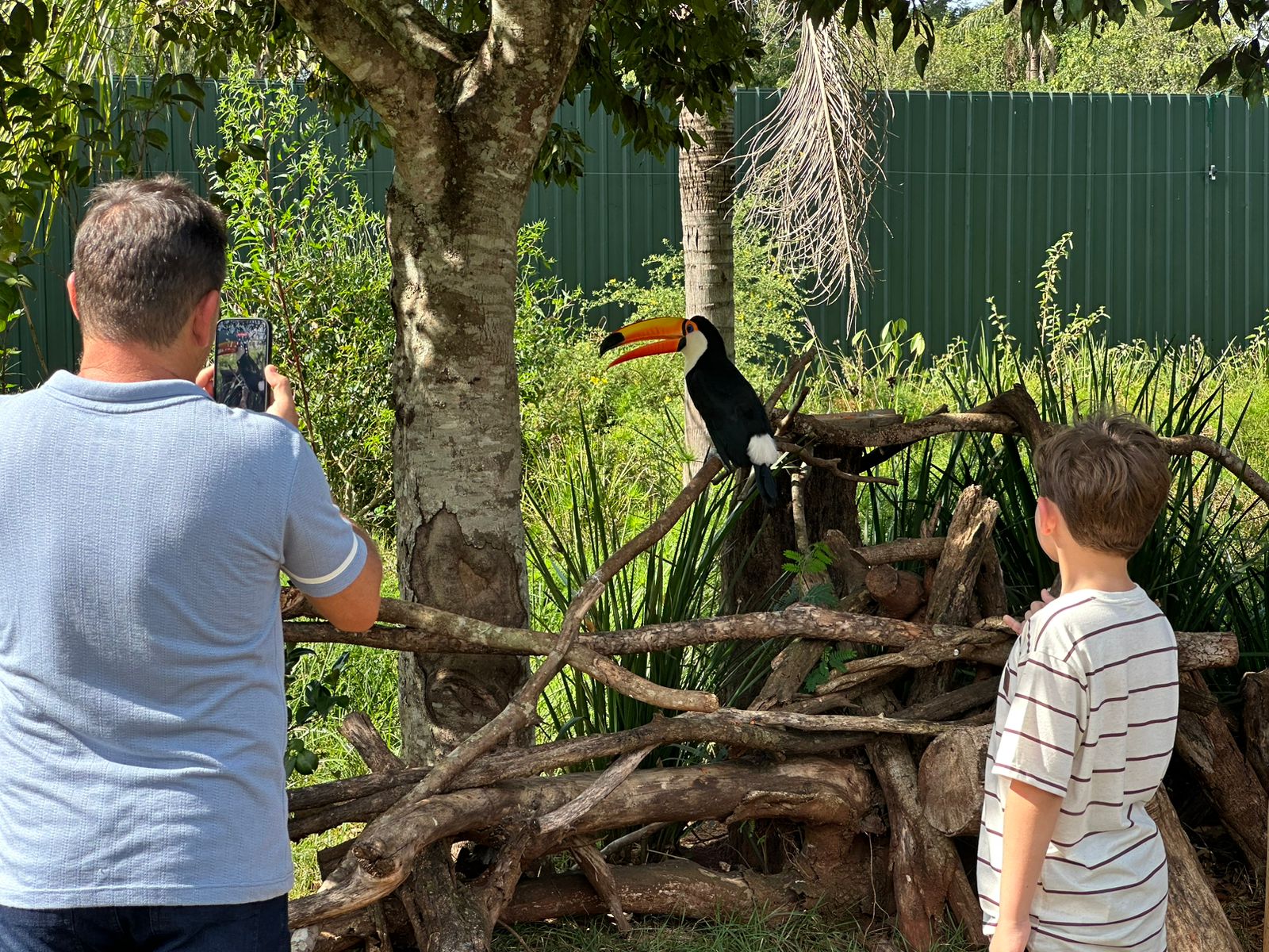 Visitantes observam e fotografam tucano em área de imersão no Eco Park Foz, atração turística em Foz do Iguaçu