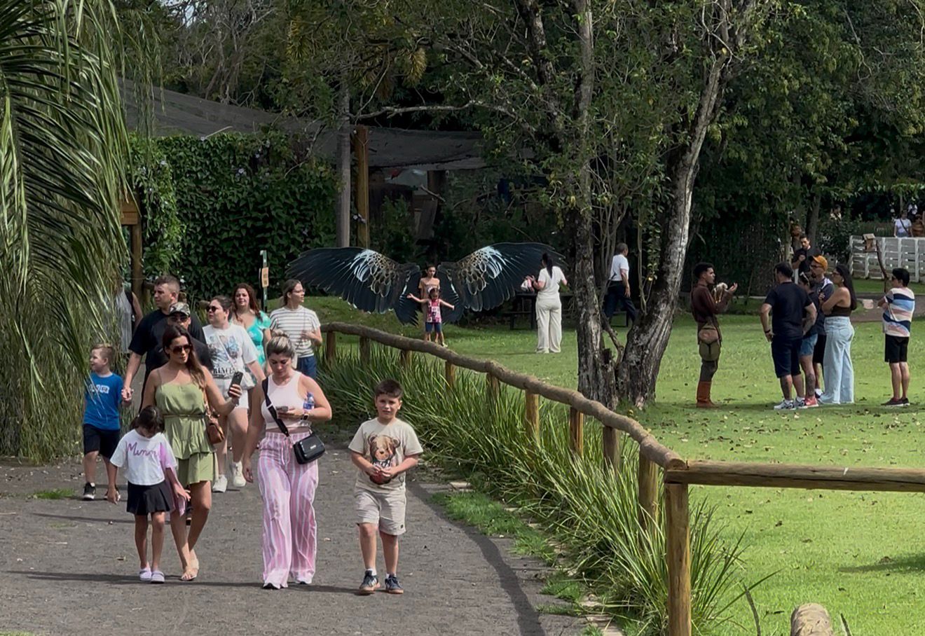 Visitantes caminham pelo Eco Park Foz durante dia de lazer em meio à natureza, com famílias e crianças aproveitando atrações ao ar livre em Foz do Iguaçu